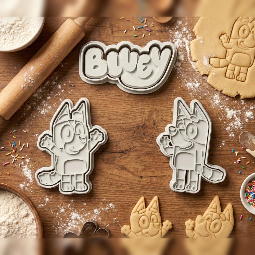 Baking With Kids - Bluey & Bingo Cookie Cutter Set - 3 Cutters - Bluey - Stamp and Bake